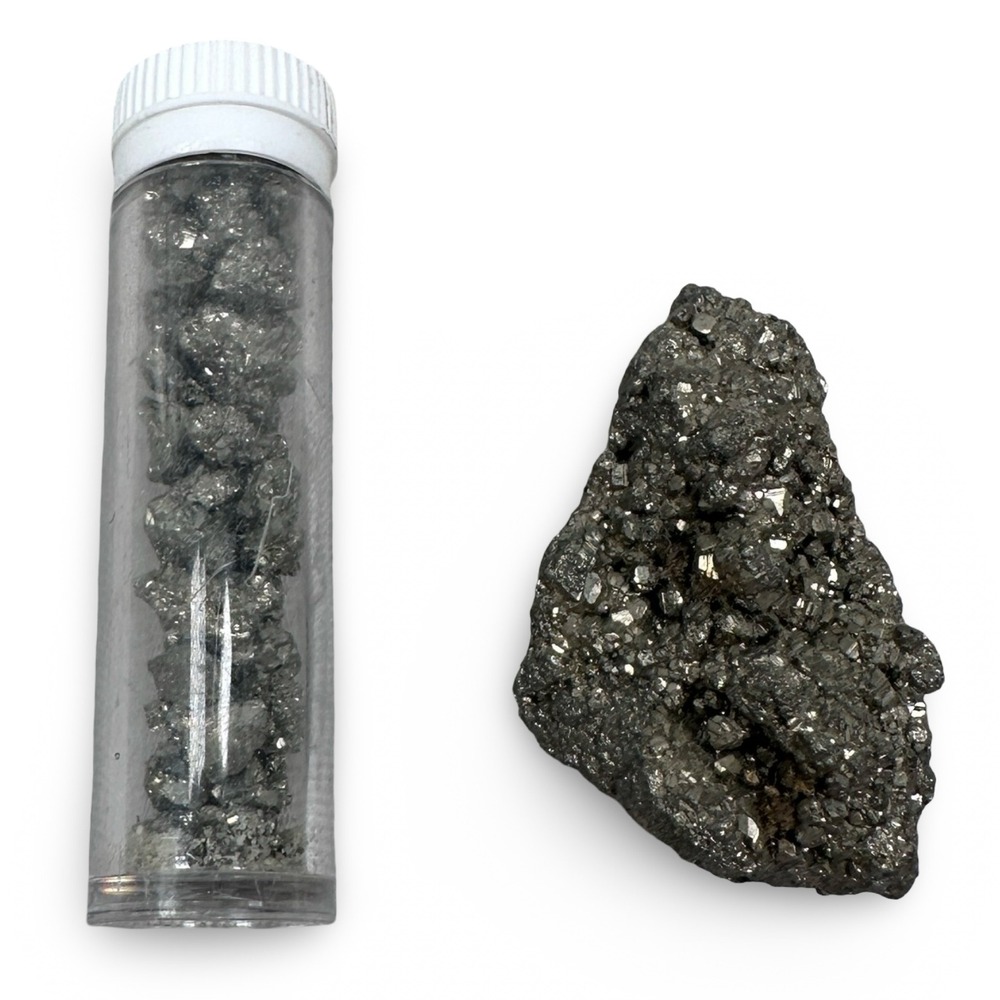 Natural Iron Pyrite Fools Gold Raw Cluster and‎ Vial of Nuggets Gray Metallic